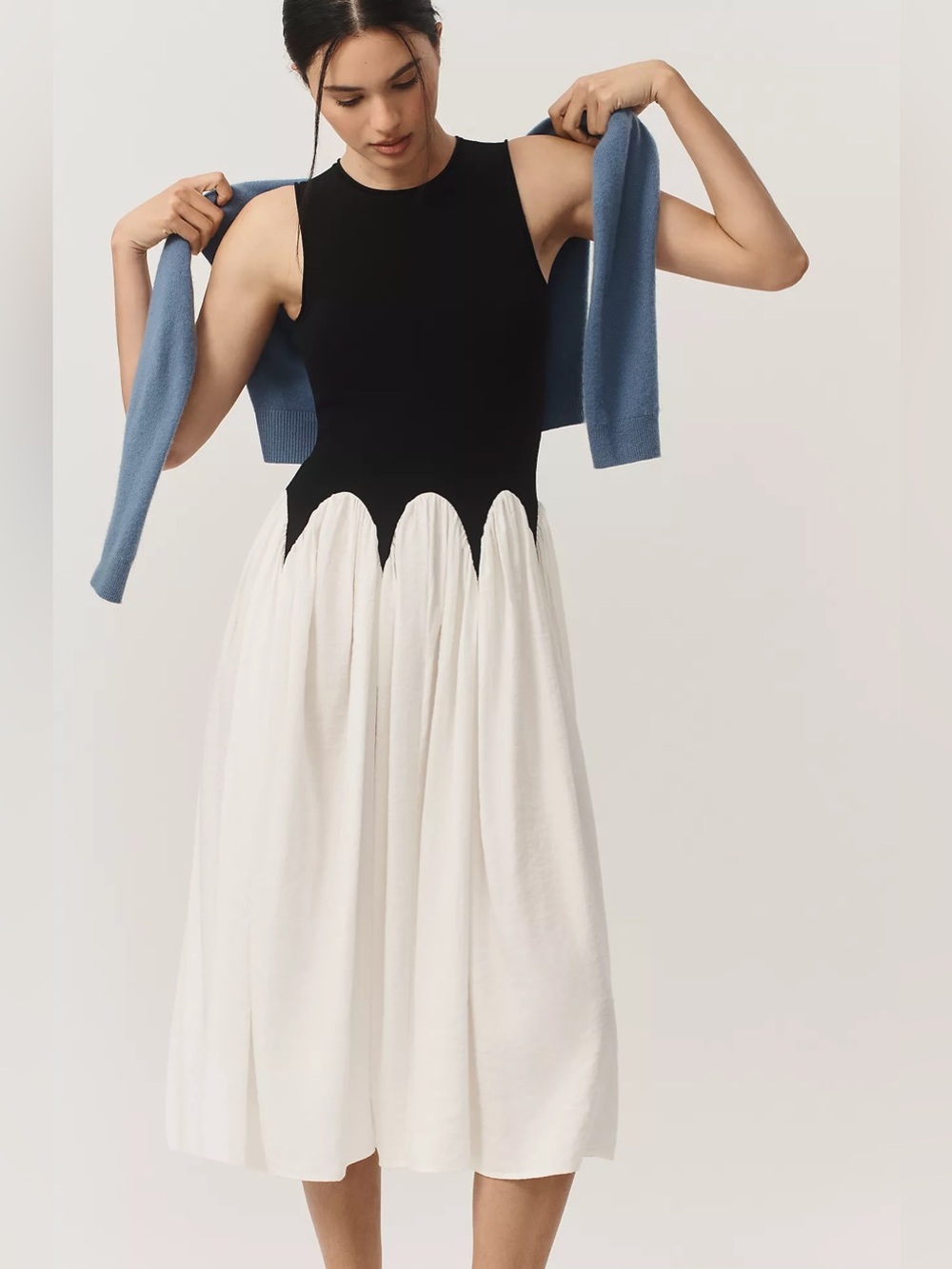 Anthropologie Black Bodice White Midi Skirt With Blue Sweater Accent